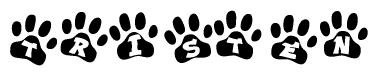 The image shows a series of animal paw prints arranged in a horizontal line. Each paw print contains a letter, and together they spell out the word Tristen.
