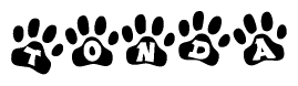 The image shows a row of animal paw prints, each containing a letter. The letters spell out the word Tonda within the paw prints.