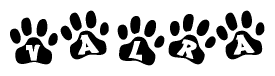 The image shows a series of animal paw prints arranged in a horizontal line. Each paw print contains a letter, and together they spell out the word Valra.