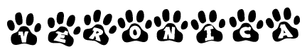 The image shows a row of animal paw prints, each containing a letter. The letters spell out the word Veronica within the paw prints.