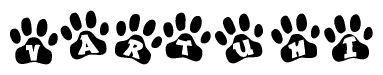 The image shows a series of animal paw prints arranged in a horizontal line. Each paw print contains a letter, and together they spell out the word Vartuhi.