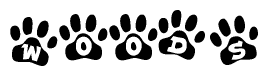 The image shows a row of animal paw prints, each containing a letter. The letters spell out the word Woods within the paw prints.