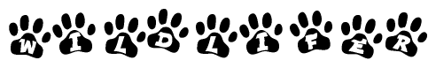 The image shows a row of animal paw prints, each containing a letter. The letters spell out the word Wildlifer within the paw prints.