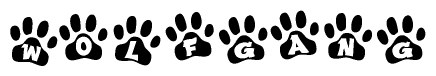 The image shows a series of animal paw prints arranged in a horizontal line. Each paw print contains a letter, and together they spell out the word Wolfgang.