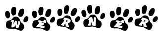 The image shows a series of animal paw prints arranged in a horizontal line. Each paw print contains a letter, and together they spell out the word Werner.