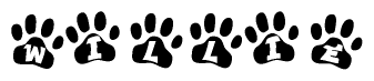 The image shows a series of animal paw prints arranged in a horizontal line. Each paw print contains a letter, and together they spell out the word Willie.