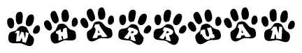 The image shows a series of animal paw prints arranged horizontally. Within each paw print, there's a letter; together they spell Wharruan