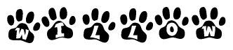 The image shows a series of animal paw prints arranged horizontally. Within each paw print, there's a letter; together they spell Willow