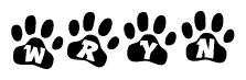 The image shows a row of animal paw prints, each containing a letter. The letters spell out the word Wryn within the paw prints.