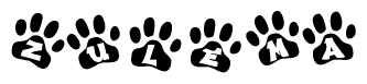 The image shows a row of animal paw prints, each containing a letter. The letters spell out the word Zulema within the paw prints.