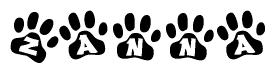 The image shows a series of animal paw prints arranged in a horizontal line. Each paw print contains a letter, and together they spell out the word Zanna.