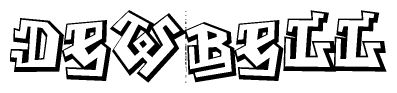 The clipart image depicts the word Dewbell in a style reminiscent of graffiti. The letters are drawn in a bold, block-like script with sharp angles and a three-dimensional appearance.
