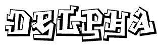 The image is a stylized representation of the letters Delpha designed to mimic the look of graffiti text. The letters are bold and have a three-dimensional appearance, with emphasis on angles and shadowing effects.