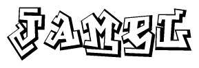 The image is a stylized representation of the letters Jamel designed to mimic the look of graffiti text. The letters are bold and have a three-dimensional appearance, with emphasis on angles and shadowing effects.