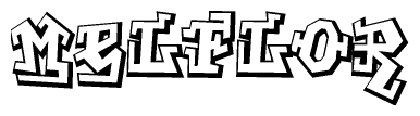 The clipart image depicts the word Melflor in a style reminiscent of graffiti. The letters are drawn in a bold, block-like script with sharp angles and a three-dimensional appearance.