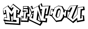The image is a stylized representation of the letters Minou designed to mimic the look of graffiti text. The letters are bold and have a three-dimensional appearance, with emphasis on angles and shadowing effects.