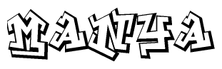 The image is a stylized representation of the letters Manya designed to mimic the look of graffiti text. The letters are bold and have a three-dimensional appearance, with emphasis on angles and shadowing effects.