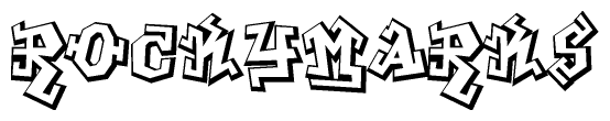 The clipart image depicts the word Rockymarks in a style reminiscent of graffiti. The letters are drawn in a bold, block-like script with sharp angles and a three-dimensional appearance.