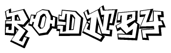 The clipart image depicts the word Rodney in a style reminiscent of graffiti. The letters are drawn in a bold, block-like script with sharp angles and a three-dimensional appearance.