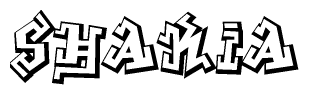   The clipart image depicts the word Shakia in a style reminiscent of graffiti. The letters are drawn in a bold, block-like script with sharp angles and a three-dimensional appearance. 