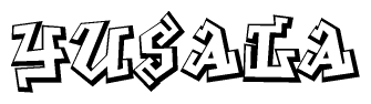The image is a stylized representation of the letters Yusala designed to mimic the look of graffiti text. The letters are bold and have a three-dimensional appearance, with emphasis on angles and shadowing effects.