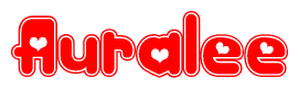 The image displays the word Auralee written in a stylized red font with hearts inside the letters.