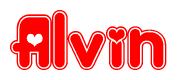 The image is a clipart featuring the word Alvin written in a stylized font with a heart shape replacing inserted into the center of each letter. The color scheme of the text and hearts is red with a light outline.