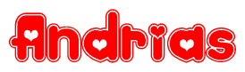 The image is a clipart featuring the word Andrias written in a stylized font with a heart shape replacing inserted into the center of each letter. The color scheme of the text and hearts is red with a light outline.