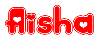 The image is a red and white graphic with the word Aisha written in a decorative script. Each letter in  is contained within its own outlined bubble-like shape. Inside each letter, there is a white heart symbol.