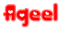 The image is a clipart featuring the word Aqeel written in a stylized font with a heart shape replacing inserted into the center of each letter. The color scheme of the text and hearts is red with a light outline.