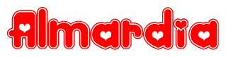 The image is a red and white graphic with the word Almardia written in a decorative script. Each letter in  is contained within its own outlined bubble-like shape. Inside each letter, there is a white heart symbol.
