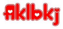 The image is a clipart featuring the word Aklbkj written in a stylized font with a heart shape replacing inserted into the center of each letter. The color scheme of the text and hearts is red with a light outline.