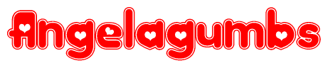 The image is a red and white graphic with the word Angelagumbs written in a decorative script. Each letter in  is contained within its own outlined bubble-like shape. Inside each letter, there is a white heart symbol.