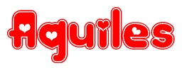 The image is a red and white graphic with the word Aquiles written in a decorative script. Each letter in  is contained within its own outlined bubble-like shape. Inside each letter, there is a white heart symbol.