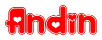 The image is a red and white graphic with the word Andin written in a decorative script. Each letter in  is contained within its own outlined bubble-like shape. Inside each letter, there is a white heart symbol.