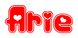 The image is a red and white graphic with the word Arie written in a decorative script. Each letter in  is contained within its own outlined bubble-like shape. Inside each letter, there is a white heart symbol.