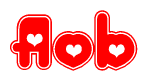 The image is a red and white graphic with the word Aob written in a decorative script. Each letter in  is contained within its own outlined bubble-like shape. Inside each letter, there is a white heart symbol.