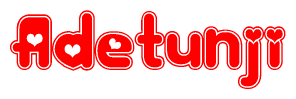 The image displays the word Adetunji written in a stylized red font with hearts inside the letters.