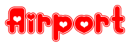The image is a red and white graphic with the word Airport written in a decorative script. Each letter in  is contained within its own outlined bubble-like shape. Inside each letter, there is a white heart symbol.