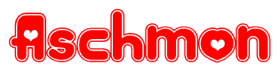 The image is a red and white graphic with the word Aschmon written in a decorative script. Each letter in  is contained within its own outlined bubble-like shape. Inside each letter, there is a white heart symbol.