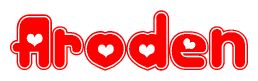 The image is a clipart featuring the word Aroden written in a stylized font with a heart shape replacing inserted into the center of each letter. The color scheme of the text and hearts is red with a light outline.