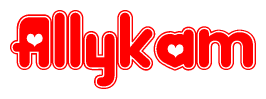 The image is a red and white graphic with the word Allykam written in a decorative script. Each letter in  is contained within its own outlined bubble-like shape. Inside each letter, there is a white heart symbol.