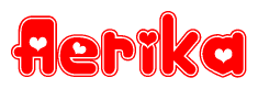 The image is a clipart featuring the word Aerika written in a stylized font with a heart shape replacing inserted into the center of each letter. The color scheme of the text and hearts is red with a light outline.