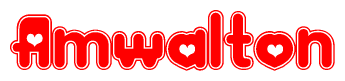 The image is a red and white graphic with the word Amwalton written in a decorative script. Each letter in  is contained within its own outlined bubble-like shape. Inside each letter, there is a white heart symbol.