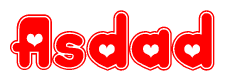 The image is a red and white graphic with the word Asdad written in a decorative script. Each letter in  is contained within its own outlined bubble-like shape. Inside each letter, there is a white heart symbol.