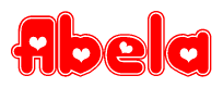 The image displays the word Abela written in a stylized red font with hearts inside the letters.