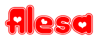 The image is a red and white graphic with the word Alesa written in a decorative script. Each letter in  is contained within its own outlined bubble-like shape. Inside each letter, there is a white heart symbol.