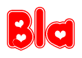 The image is a red and white graphic with the word Bla written in a decorative script. Each letter in  is contained within its own outlined bubble-like shape. Inside each letter, there is a white heart symbol.
