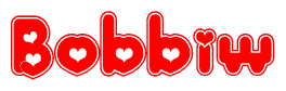 The image is a red and white graphic with the word Bobbiw written in a decorative script. Each letter in  is contained within its own outlined bubble-like shape. Inside each letter, there is a white heart symbol.