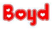 The image is a clipart featuring the word Boyd written in a stylized font with a heart shape replacing inserted into the center of each letter. The color scheme of the text and hearts is red with a light outline.